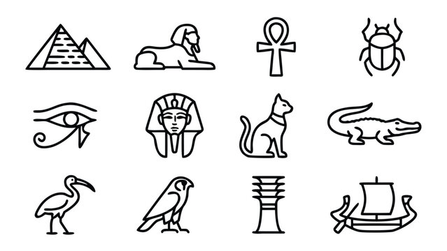 Collection of Twelve Egyptian Mythology and Pyramid Line Icons in Minimalist Vector Style with Uniform Stroke Width Featuring Ankh Symbol Eye of Horus Pharaoh Mask and Ancient Desert Landmarks
