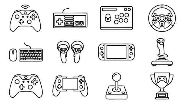 Set of Twelve Esports and Gaming Controller Line Icons in Minimalist Vector Style with Uniform Stroke Width Featuring Gamepad Headset Computer Mouse Keyboard and Competitive Video Gaming Gear