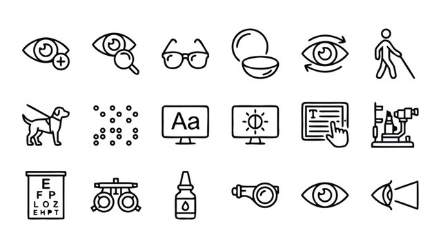 Set of 18 eye and vision accessibility line icons in minimalist vector style with uniform stroke width. Ideal for optometry clinics, healthcare apps, medical UI, interface design, and modern web