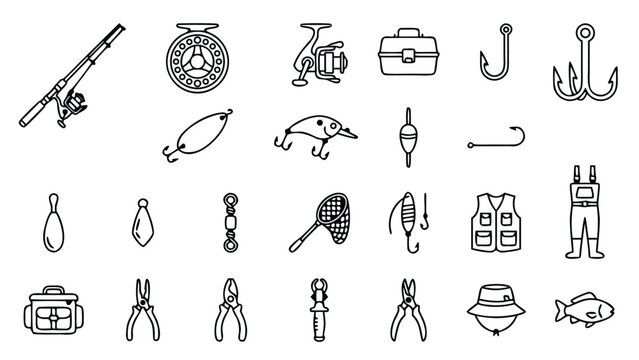 Collection of twenty thin line icons for fishing and angling enthusiasts featuring diverse gear like tackle, rods, hooks, and lures in a clean minimalist vector style on an organized grid layout.
