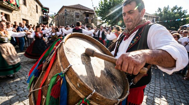 Arraial Minhoto com Homem a Tocar Tambor em Destaque, Celebrando os Ritmos Tradicionais de Portugal Durante uma Animada Romaria de Ver&atilde;o.
