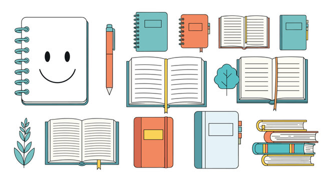 Set of various notebooks and open books in different colors and sizes including a smiley face cover and a tall stack of colorful textbooks.