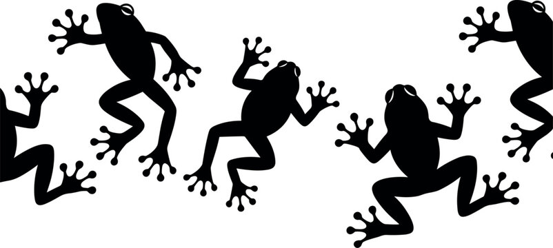Exotic tree frogs silhouette seamless border pattern vector illustration with black amphibian icons isolated on white background