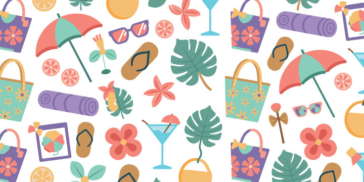 Summer beach vacation seamless pattern vector background with umbrella palm tree sunglasses cocktail bag and flip flops