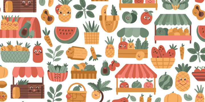 Cute fresh market seamless pattern vector background with cartoon fruits vegetables food stalls and smiling grocery characters