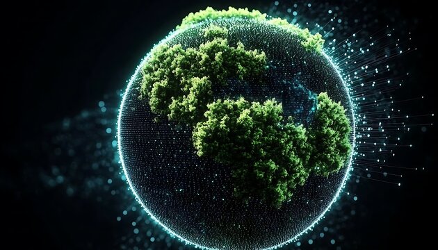 Planet earth covered in trees with glowing digital aura and connections.