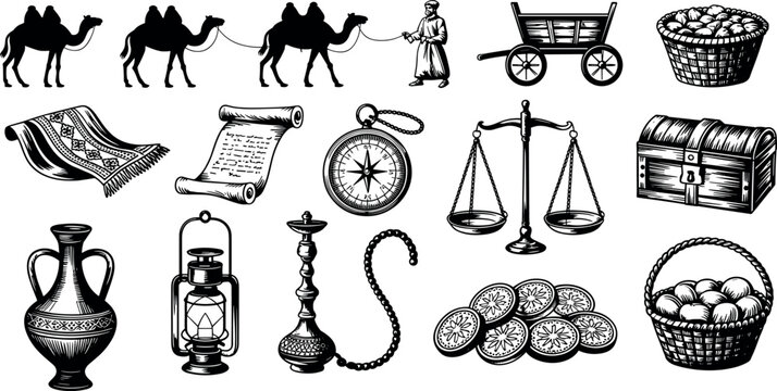 Vintage Silk Road trade icons set featuring camel caravan, ancient chest, coins, scales, lantern, and oriental bazaar market elements for historical design