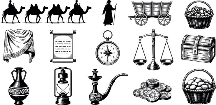 Vintage Silk Road trade icons set featuring camel caravan, ancient chest, coins, scales, lantern, and oriental bazaar market elements for historical design