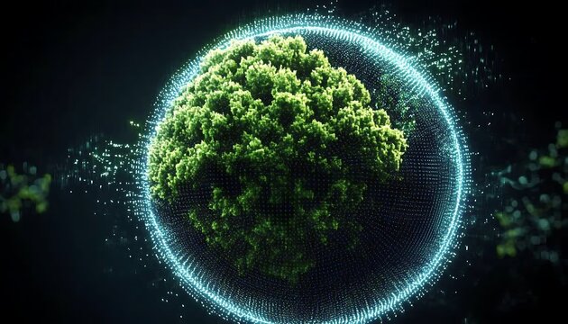 Green planet earth concept with glowing digital network and particles.
