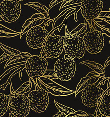  lychee fruit seamless vector pattern golden black ink traditional oriental asian Indian design isolated © CharlieNati