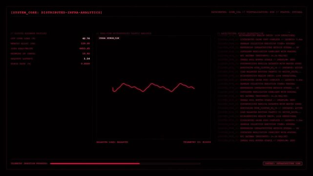 Red Distributed Infrastructure Analytics Screen Interface With Microservices Traffic Waveform Chart And System Datacenter Metrics.