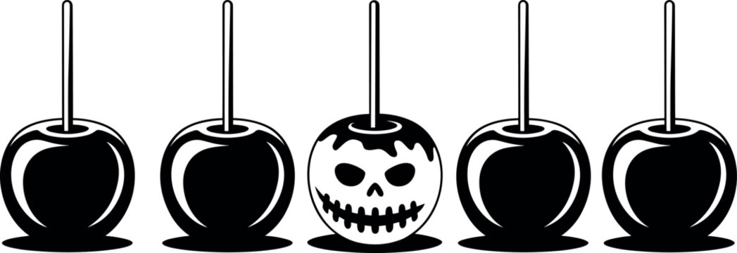 Spooky halloween candy apples vector set featuring sweet caramel treats and a creepy skull design isolated on white background