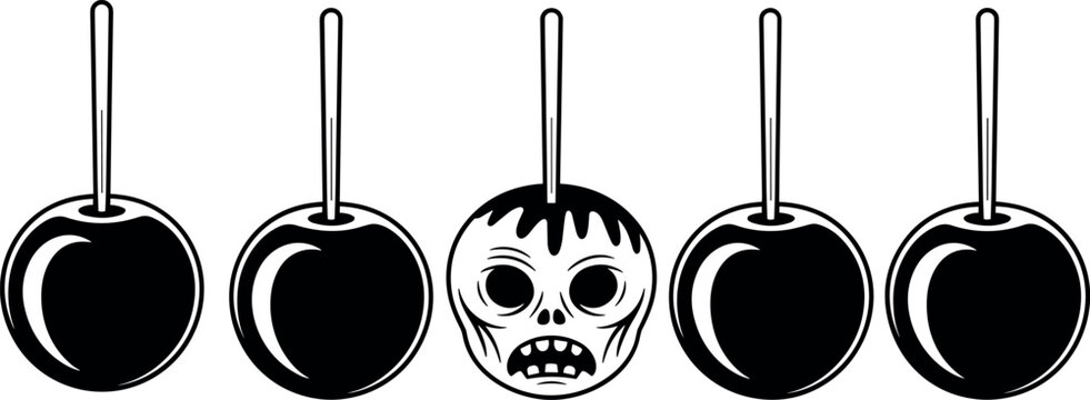 Spooky halloween candy apples vector set featuring sweet caramel treats and a creepy skull design isolated on white background