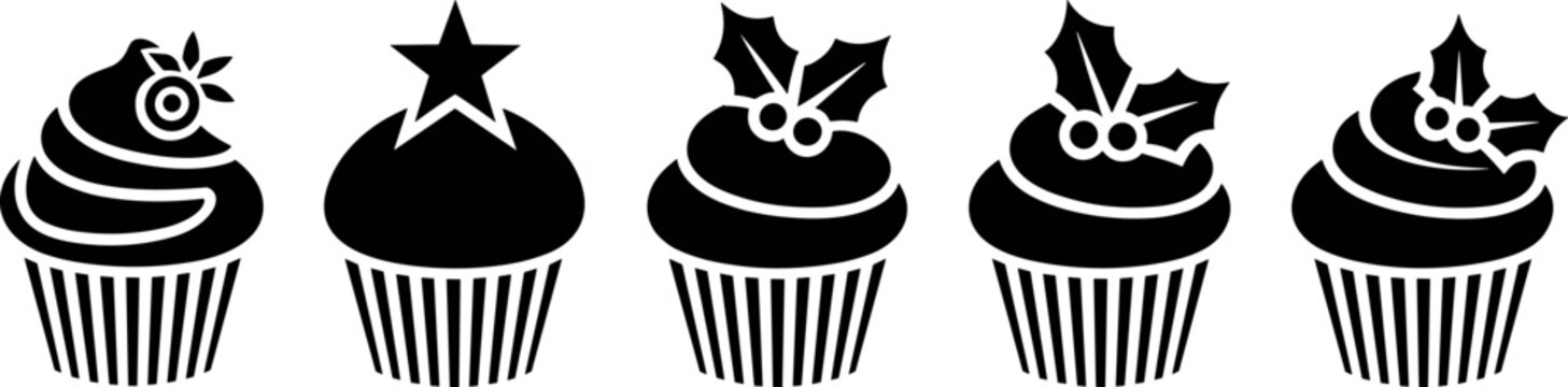 Christmas cupcakes vector set with festive decorations including holly berries and star toppings isolated on white background