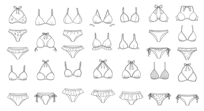 Large set of various women underwear styles including bras and panties in different cuts and designs shown in line art.