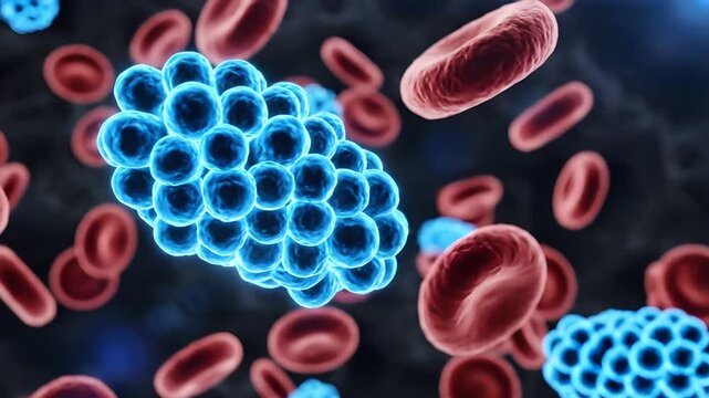 Microscopic view of blood cells and a blood clot formation.