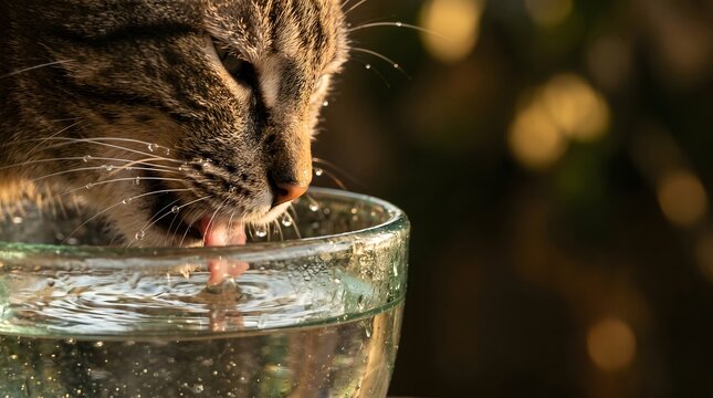 Close up of tabby cat drinking water from glass bowl