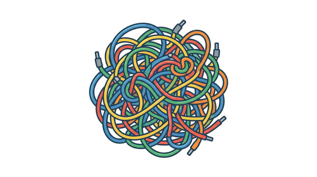 Colorful tangled shoelaces forming a chaotic knot.