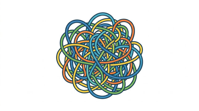 Complex knot of colorful ropes forming a tangled ball.