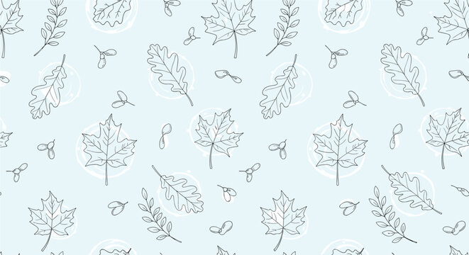 Light blue seamless background pattern features delicate black and white sketches of various autumn leaves and swirling decorative elements.