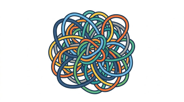 Complex tangled knot of colorful ropes abstract pattern.