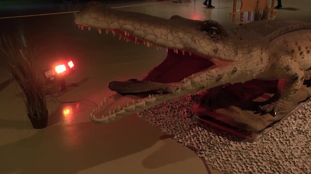 Alligator crocodile eating fish mouth teeth eye doll statue animal museum
