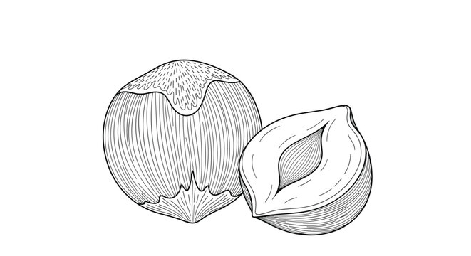 Detailed monochromatic engraving of two hazelnuts with one whole in its shell and another sliced open to reveal the nut inside.