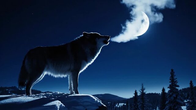 Wolf howling at crescent moon in winter night