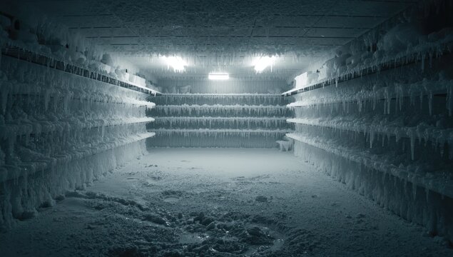 Freezer interior barren with heavy ice buildup along the walls