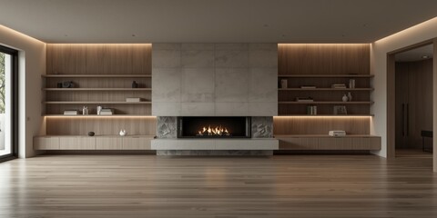 Fototapeta premium Contemporary living room space featuring a fireplace and minimalist wall shelving