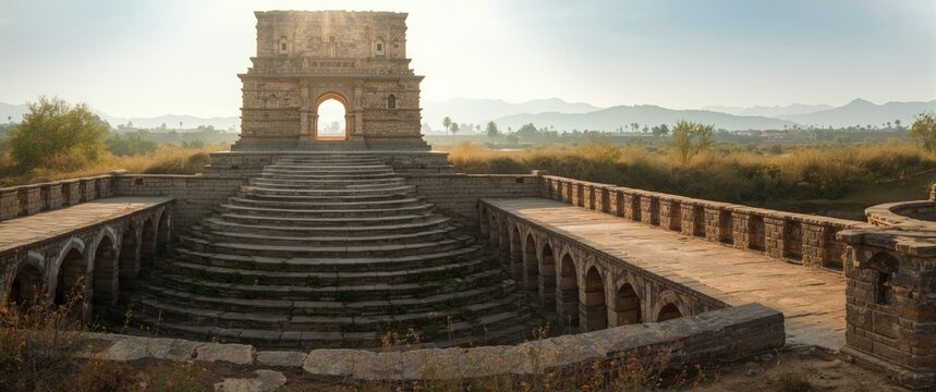 Detailed stone stepwell with historical significance and arches
