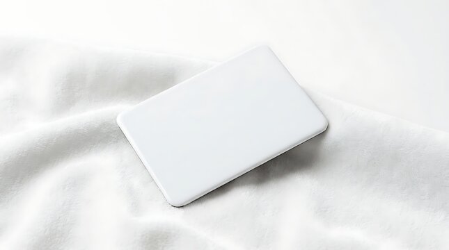 Isolated empty rectangular fridge magnet mockup on soft white fabric background for custom branding and souvenir design