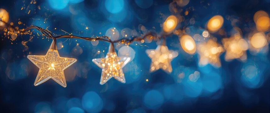 Festive abstract background showing glowing star string lights with gold glitter shimmer on blue bokeh