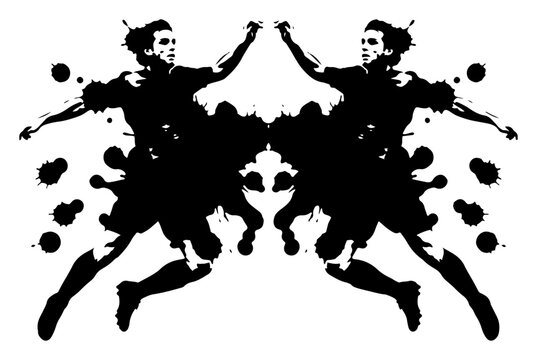 Abstract symmetrical soccer player silhouettes with ink splashes, creative rorschach style football athlete action vector illustration