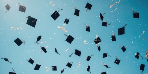 Obraz premium Festive graduation moment with hats soaring through serene blue sky