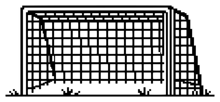 8-bit pixel art soccer goal net on grass, vintage arcade style football equipment vector illustration