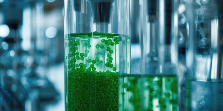 Glass laboratory apparatus holding green polyamide granules with ample copy space for plastics innovation