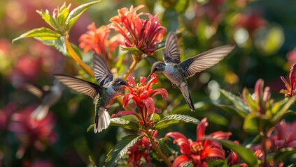 Naklejka premium Energetic white-tailed hummingbirds gathering nectar amid vivid floral setting and lush plants