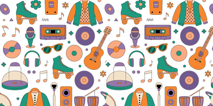 Retro nineties seamless pattern background with roller skates cassette tapes vinyl records acoustic guitars headphones and musical instruments