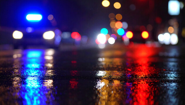 Blurry red and blue police lights reflecting on wet asphalt at night, glowing reflections spreading across the surface, mysterious crime scene atmosphere.