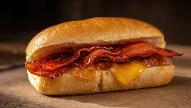 Golden bacon roll with juice served inside a soft bun