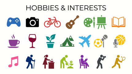 Fototapeta premium Colorful hobby and interest icons set with leisure activities and lifestyle symbols on white background