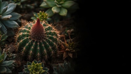 Fototapeta premium Dwarf turks cap cactus showing texture of reddish brown cephalium among succulents with copy space