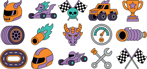 Go kart and monster truck racing icon element set with helmets flags trophy and dragon motifs © MdAbdur