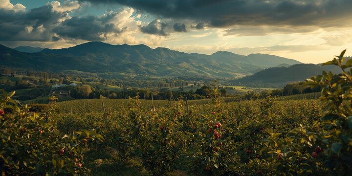 Dramatic elevated terrain with extensive apple orchard fields in foreground