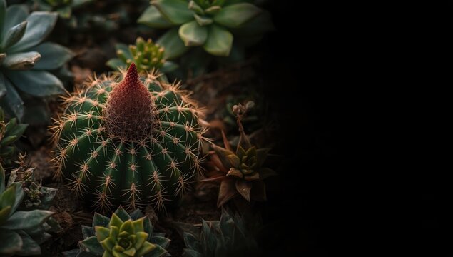 Dwarf turks cap cactus showing texture of reddish brown cephalium among succulents with copy space