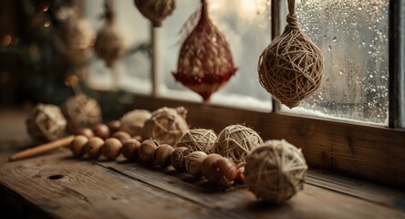 Obraz premium Handmade holiday ornaments crafted with cotton thread and wooden beads for festive winter celebrations