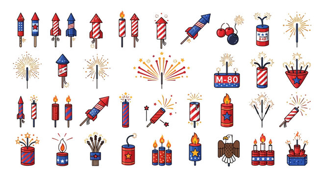 Patriotic Fireworks and Sparklers Icon Set for Independence Day Celebration