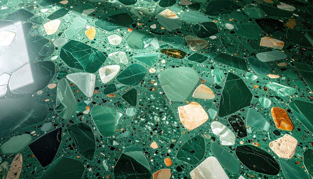Close-up of a Green Malachite and White Terrazzo Surface.