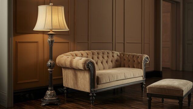 Graceful vintage lamp next to stylish sofa and footstool in an elegant d&Atilde;&copy;cor with copy space